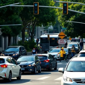 Scene of a busy Lexington intersection during morning rush hour, showcasing vehicles and pedestrians.
