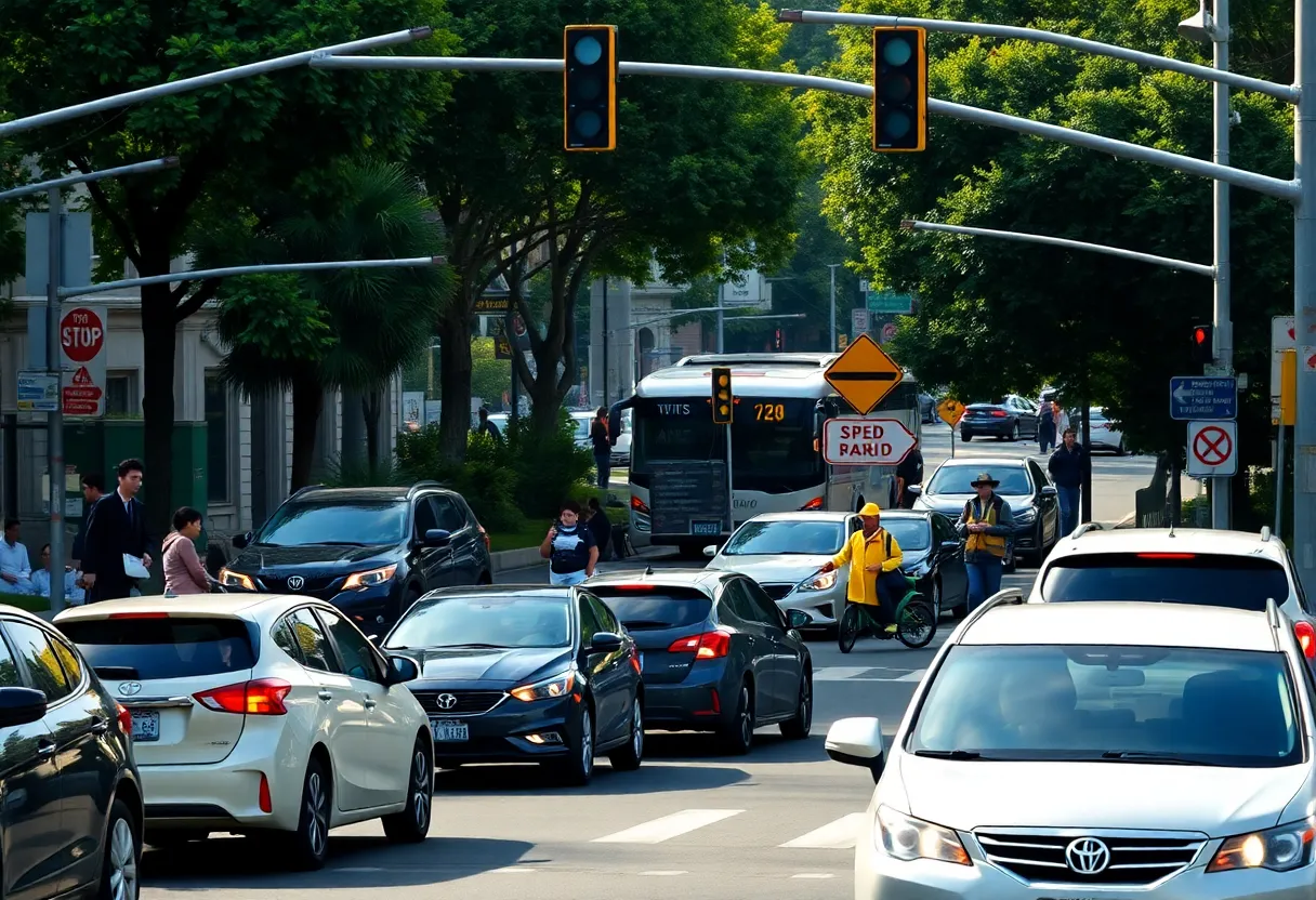 Scene of a busy Lexington intersection during morning rush hour, showcasing vehicles and pedestrians.