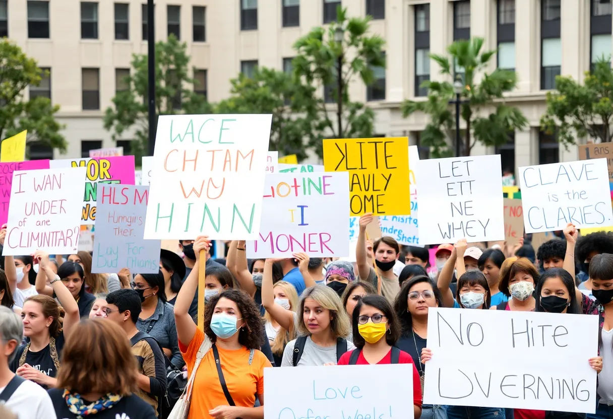 Participants at the Lexington community rally holding signs for unity and justice.