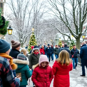 Families exploring the Lexington History Hop event during winter.