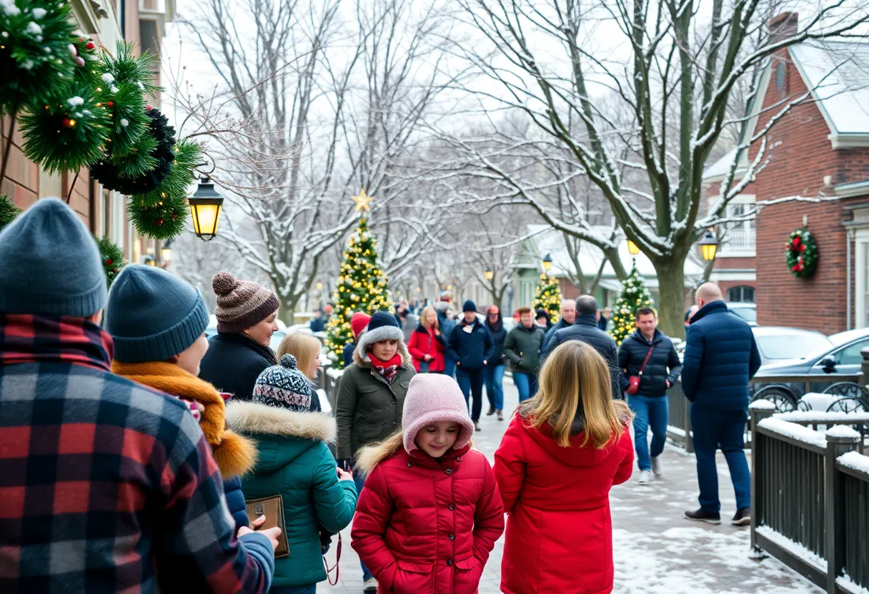Families exploring the Lexington History Hop event during winter.