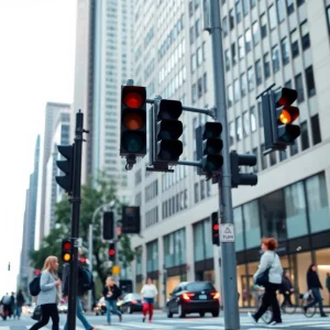 A busy intersection in Lexington with pedestrians and vehicles.