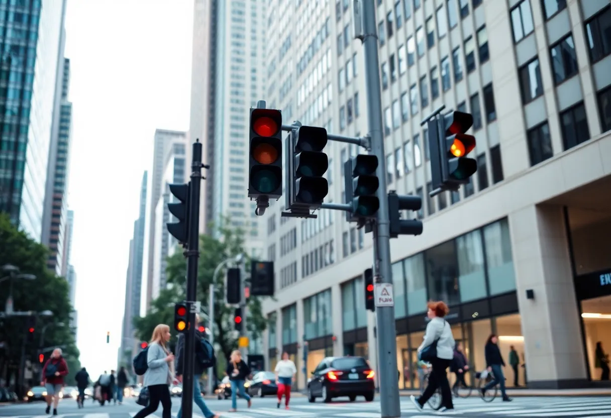 A busy intersection in Lexington with pedestrians and vehicles.
