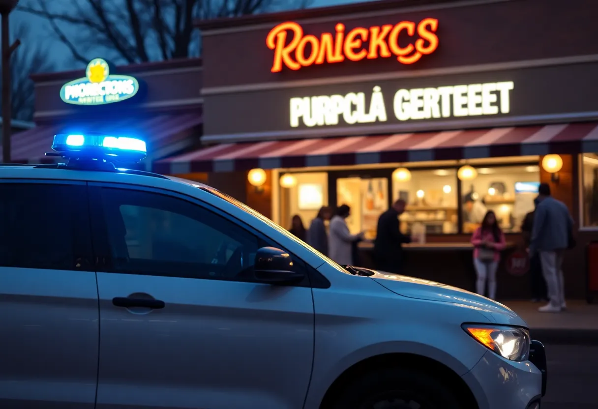 Police car parked outside a busy restaurant in Lexington