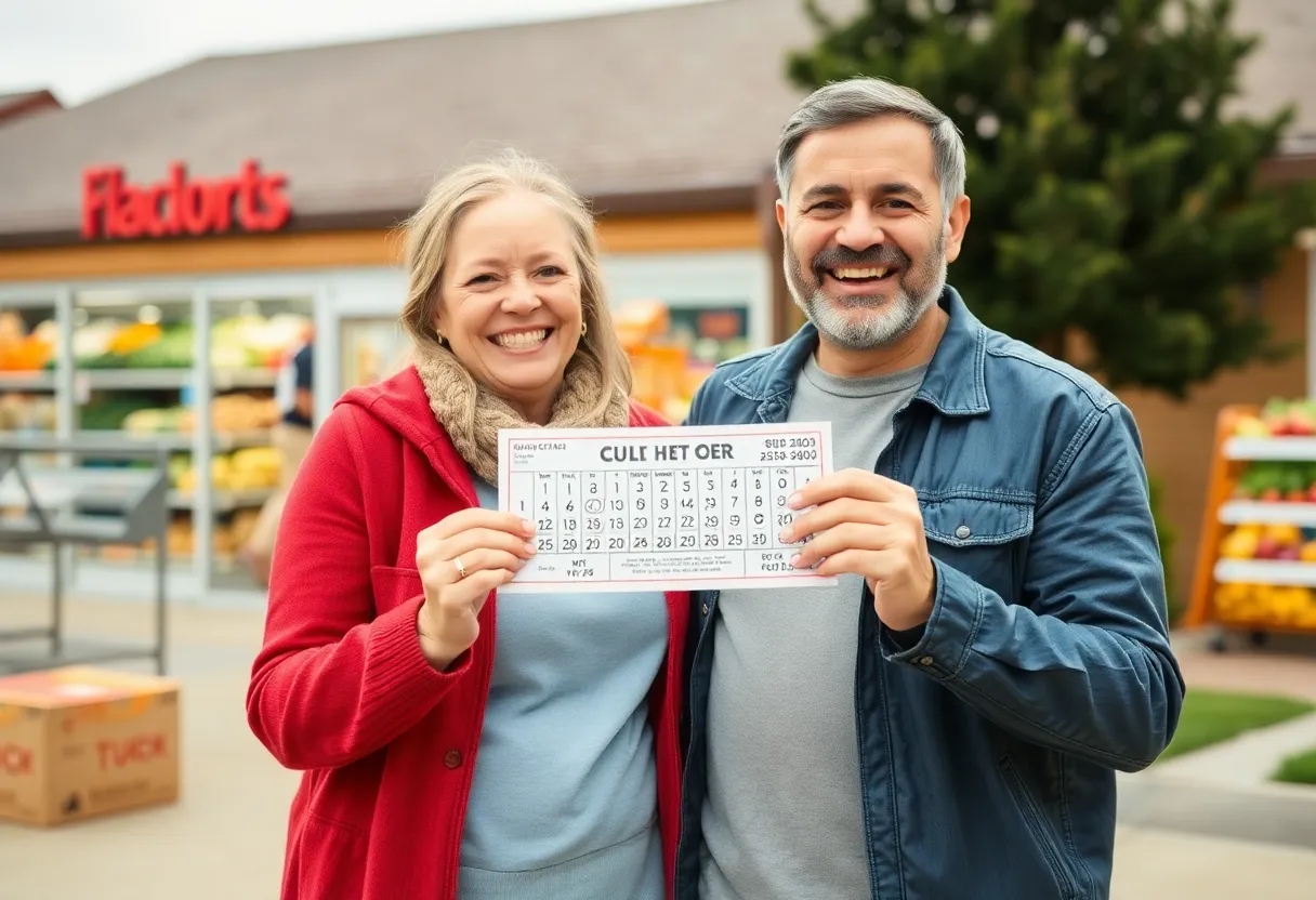 A couple celebrating their Powerball win outside a grocery store.