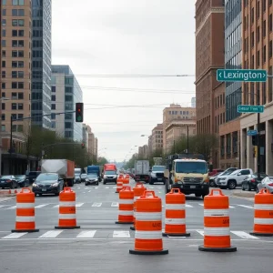 Construction work on a Lexington road with traffic cones
