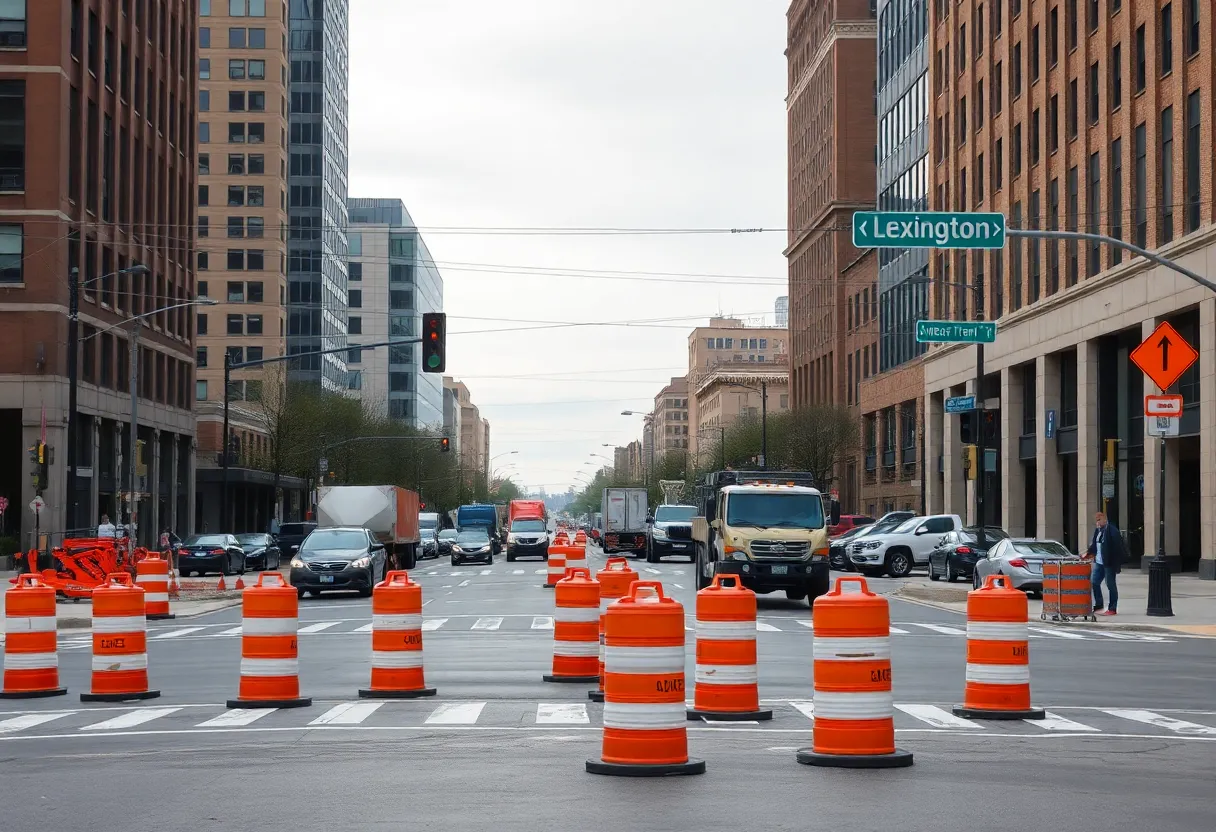 Construction work on a Lexington road with traffic cones