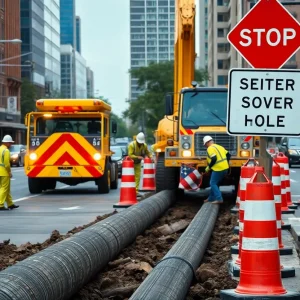 Construction workers replacing sewer lines in Lexington