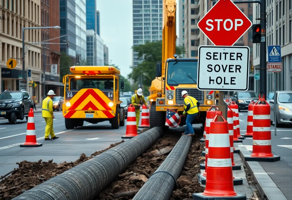 Construction workers replacing sewer lines in Lexington