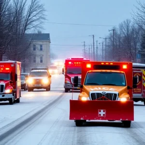 Emergency vehicles and snow plows in Lexington preparing for a winter storm.