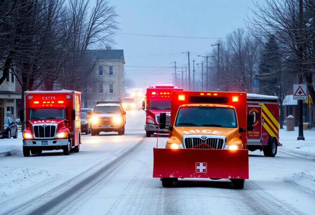Emergency vehicles and snow plows in Lexington preparing for a winter storm.