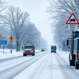 Snowy street in Lexington Kentucky with winter preparations in action