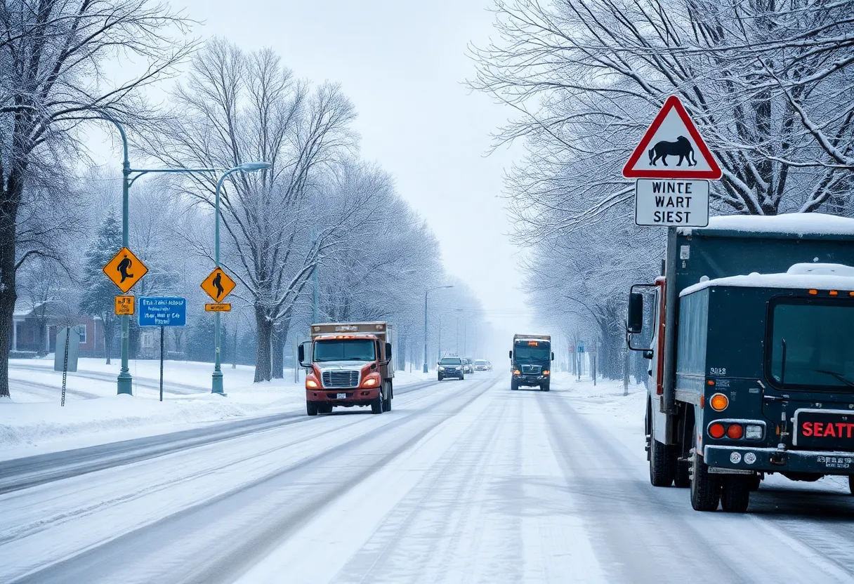 Snowy street in Lexington Kentucky with winter preparations in action