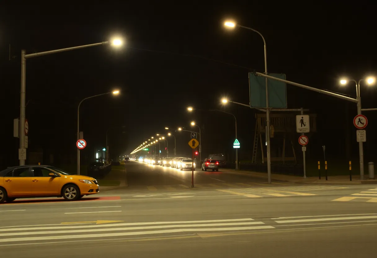 City intersection emphasizing pedestrian safety signs and streetlights