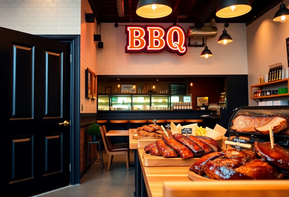 Interior view of LX BBQ restaurant showcasing tables and BBQ dishes