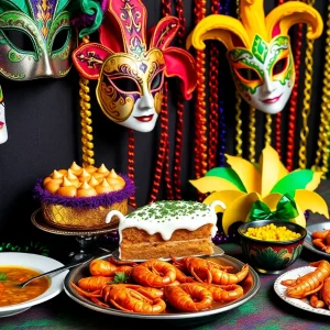 Festive Mardi Gras table with colorful decorations and Cajun food