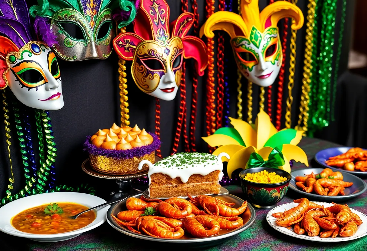 Festive Mardi Gras table with colorful decorations and Cajun food