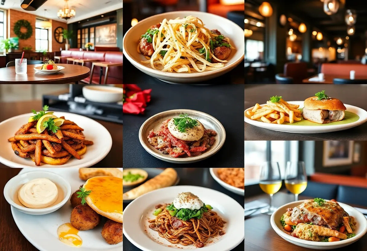 Collage of new restaurants in Lexington including cuisine and restaurant interiors