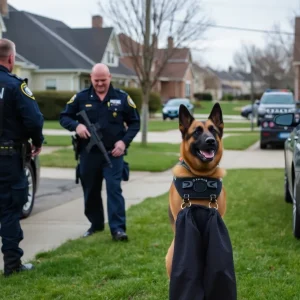 Nicholasville police officers conducting a drug bust operation with K9 unit.