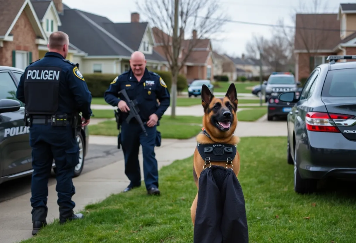 Nicholasville police officers conducting a drug bust operation with K9 unit.