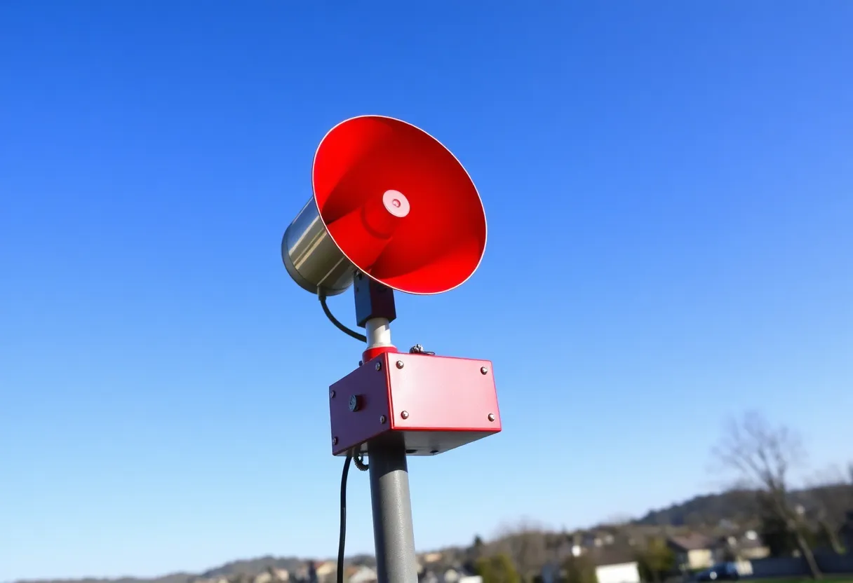 An outdoor warning siren against a blue sky