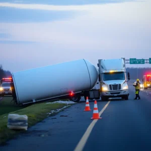 An overturned salt truck with emergency crews on I-64 eastbound
