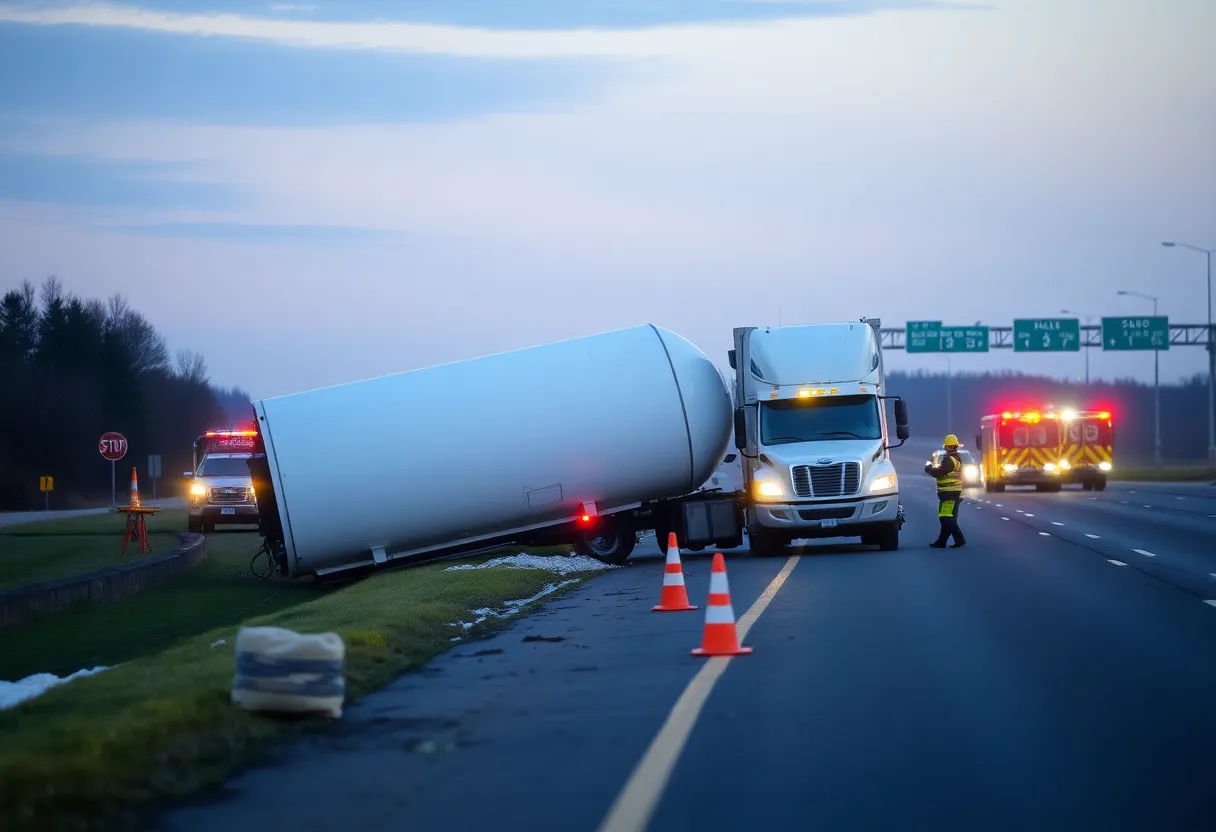 An overturned salt truck with emergency crews on I-64 eastbound