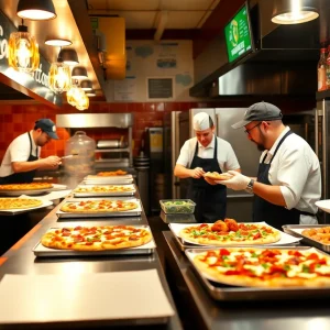 Staff at a pizzeria preparing food for Super Bowl Sunday.