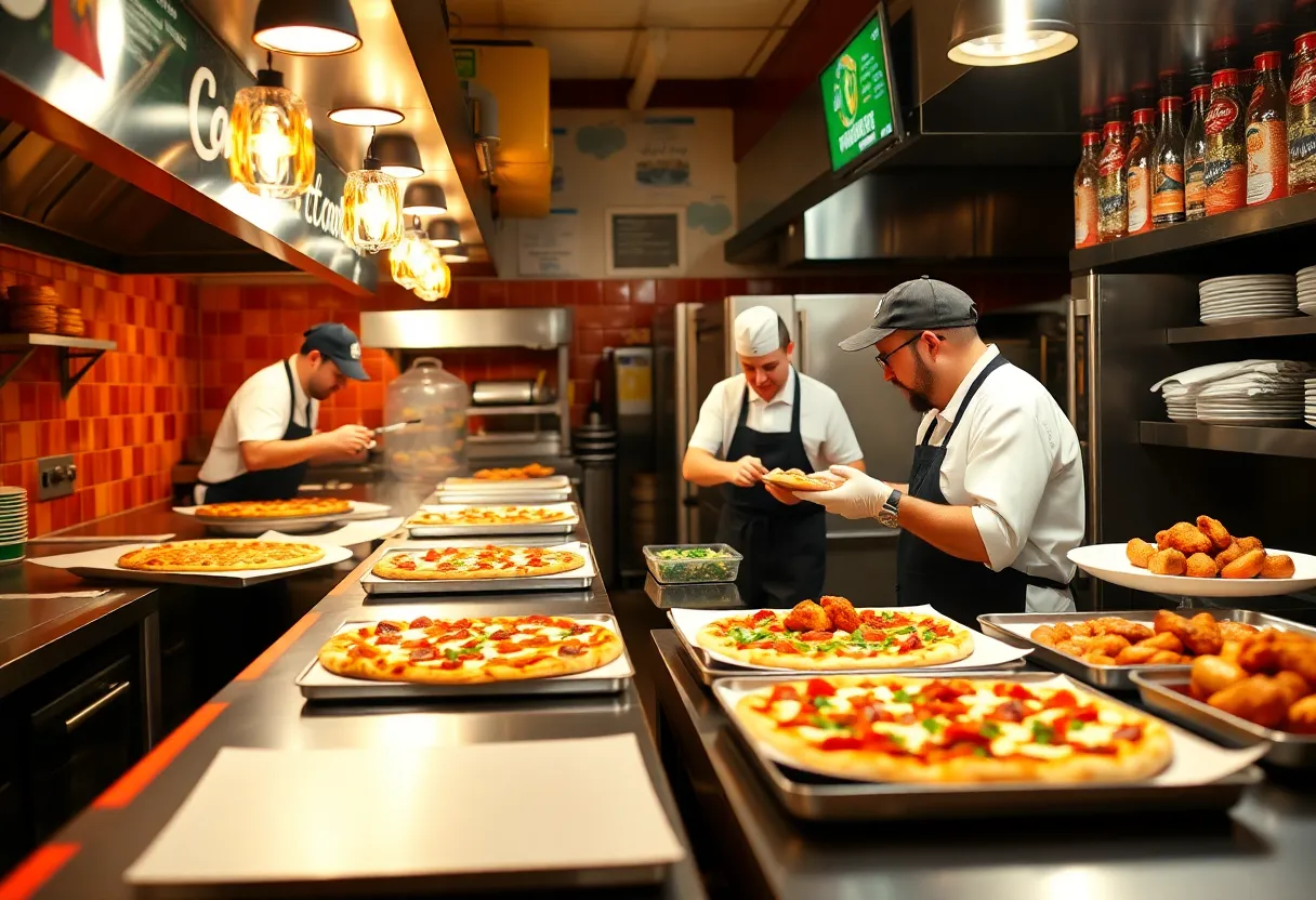 Staff at a pizzeria preparing food for Super Bowl Sunday.