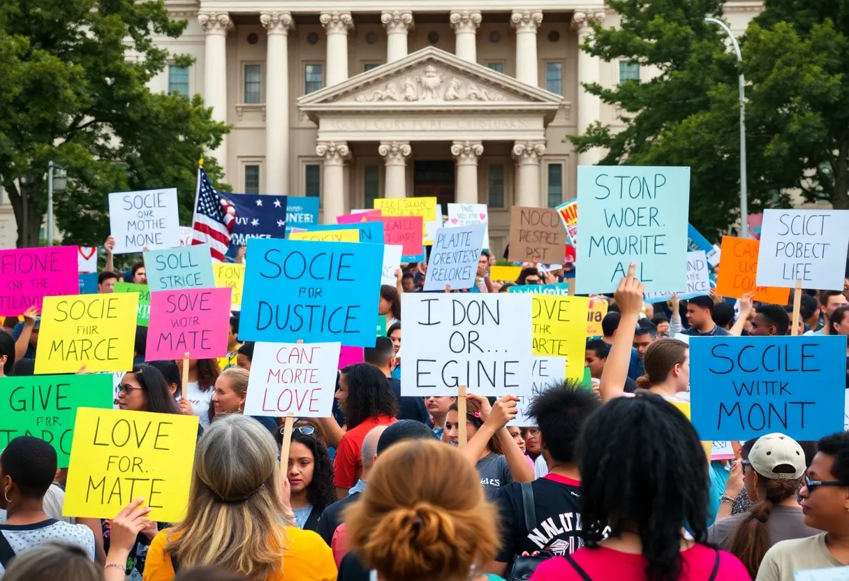 Participants at Lexington's Rally for the People holding signs for immigrant and LGBTQ+ rights