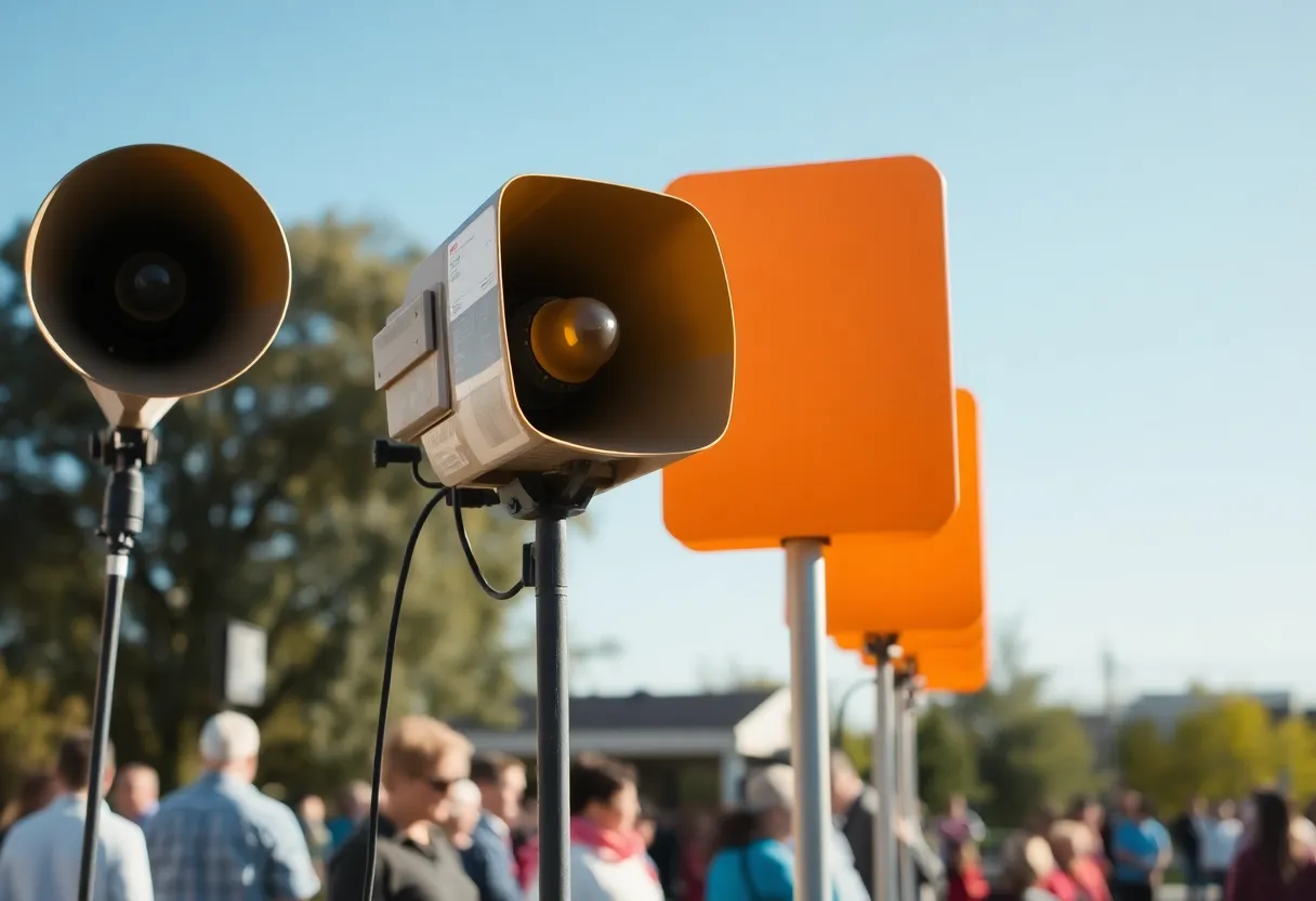 Community gathering with outdoor sirens visible