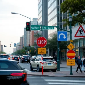 A busy street in Lexington emphasizing traffic safety