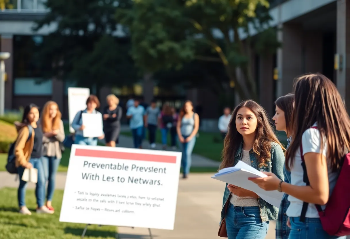 Students discussing safety awareness on university campus