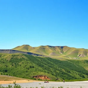 Landscape of Ukrainian mineral resources with hills under blue sky.