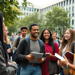 Diverse students engaged in conversation on university campus