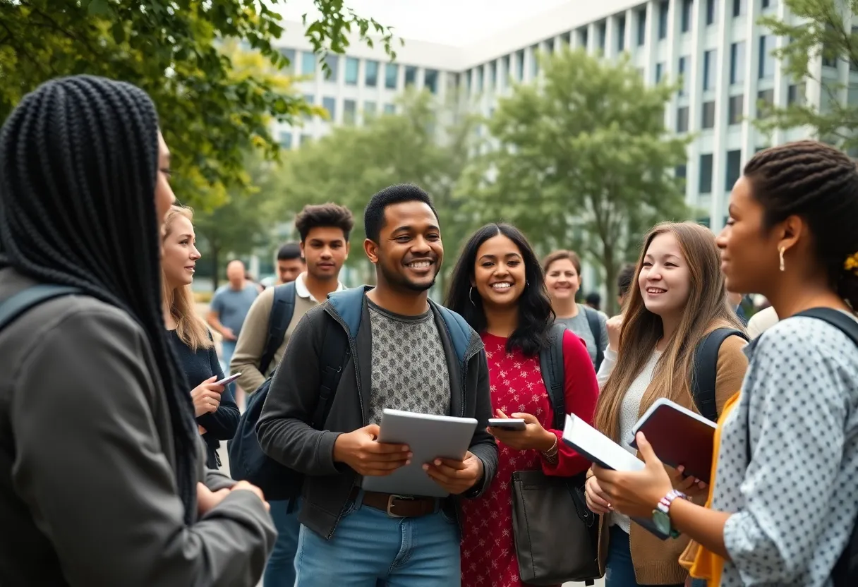 Diverse students engaged in conversation on university campus