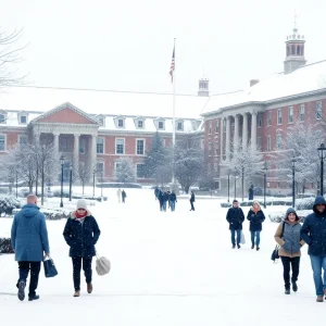 Snowy campus at the University of Kentucky during a winter weather delay