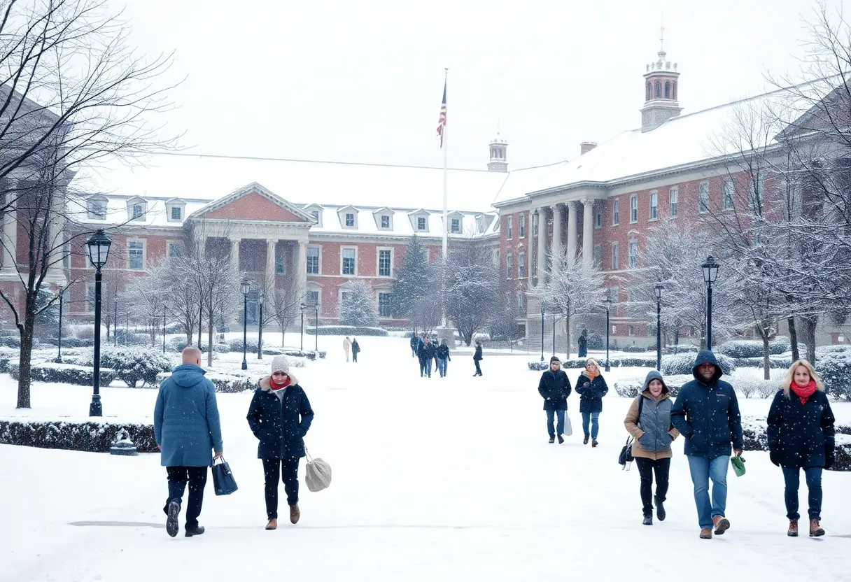 Snowy campus at the University of Kentucky during a winter weather delay