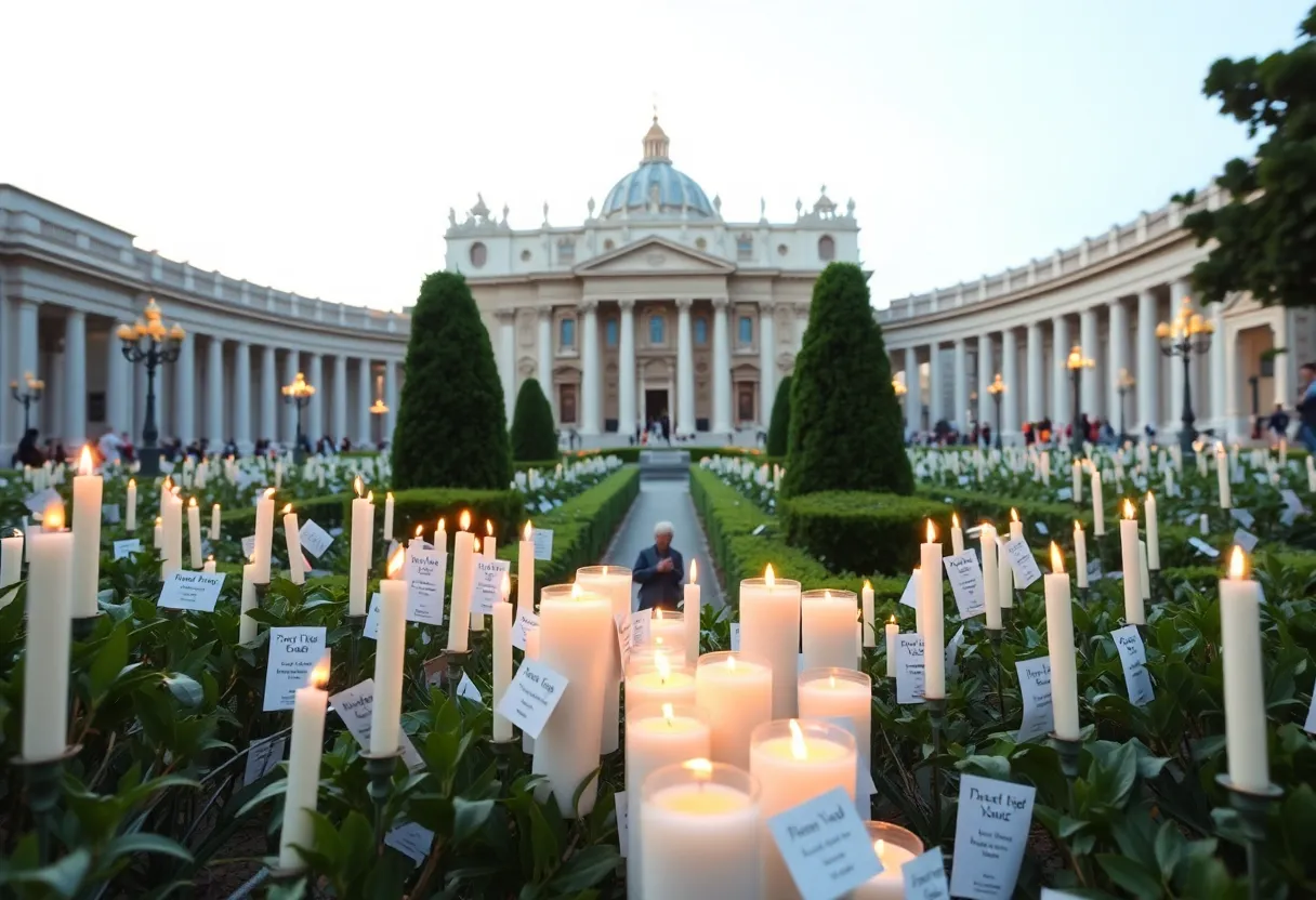 A serene view of the Vatican garden filled with candles and prayer cards.