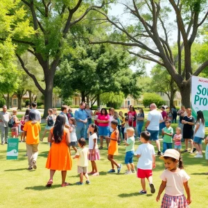 Residents celebrating in a park for the relocation of the garbage transfer station