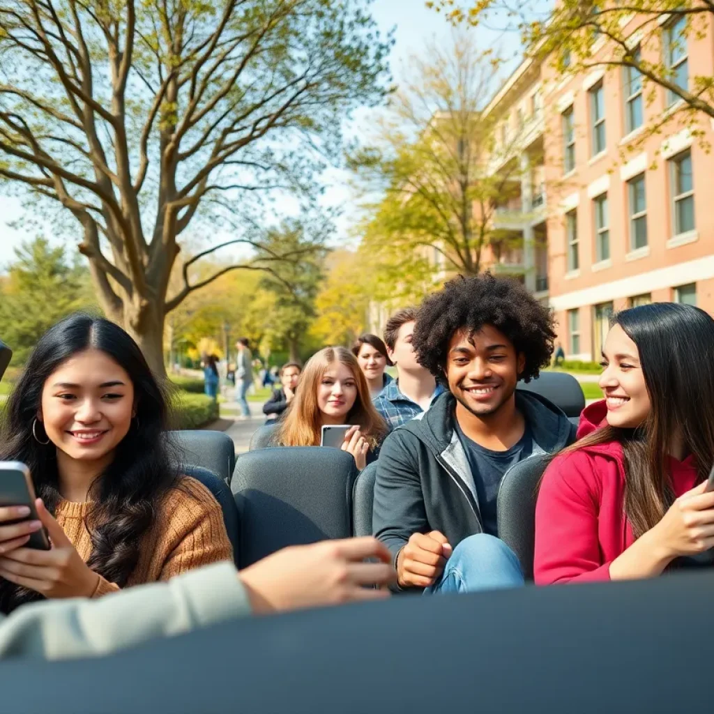 Students using rideshare services on a university campus