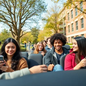Students using rideshare services on a university campus