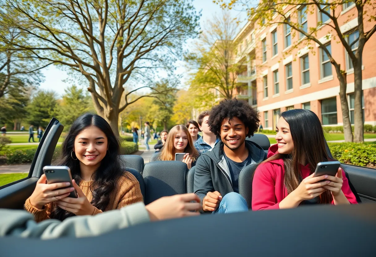 Students using rideshare services on a university campus