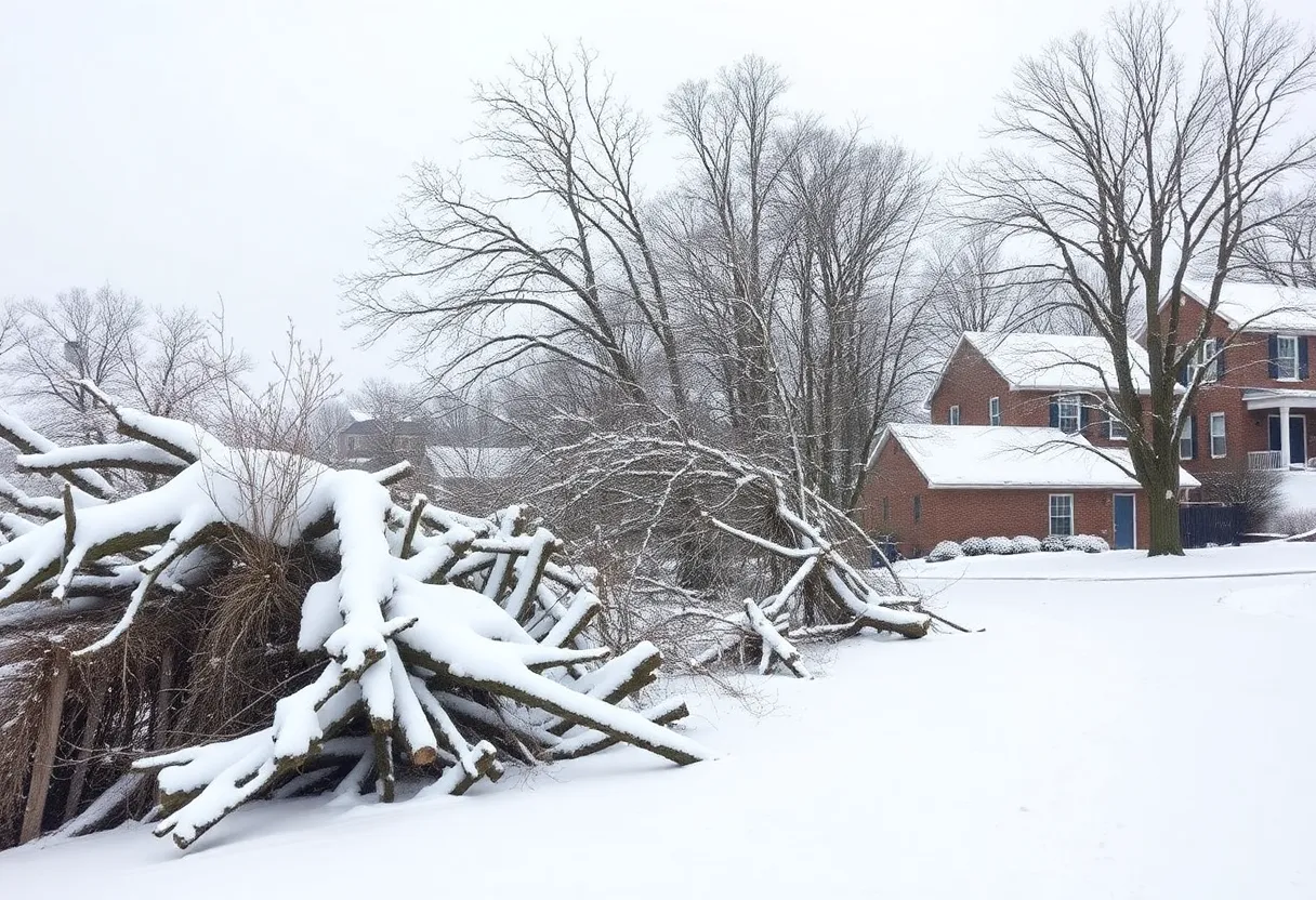 Severe winter damage in Lexington, showing fallen trees and snow-covered streets.