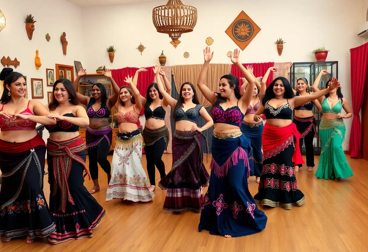 Diverse group participating in a belly dance class in a colorful studio.
