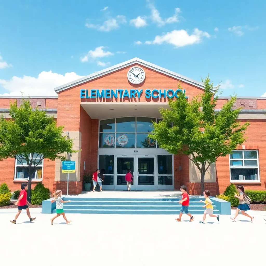 Entrance of Brenda Cowan Elementary School with children playing.