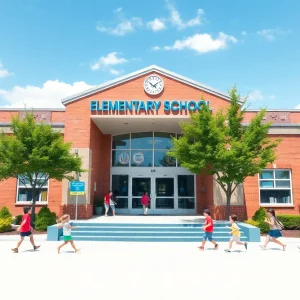 Entrance of Brenda Cowan Elementary School with children playing.