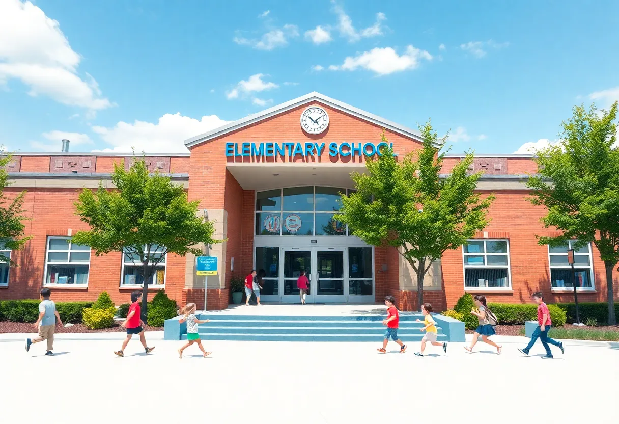 Entrance of Brenda Cowan Elementary School with children playing.