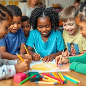Children participating in art activities together, showcasing creativity and community support.