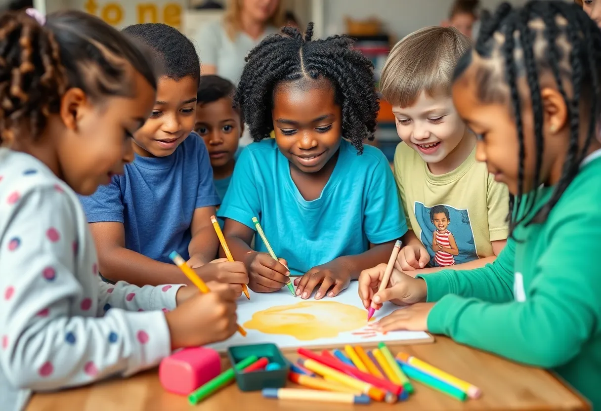 Children participating in art activities together, showcasing creativity and community support.